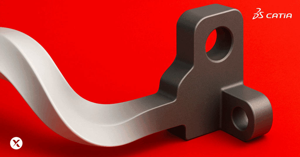 A smooth surface transforming into a solid mechanical part, symbolizing the conversion of surfaces to solids in CATIA.