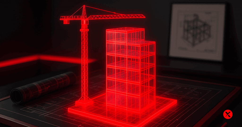 3D-rendered red holographic model of a modular building under construction on an architecture table with a crane and blueprints, styled with Mecanica brand colors (black, white, red #FD0000). Represents CATIA for structural engineering and modular construction.