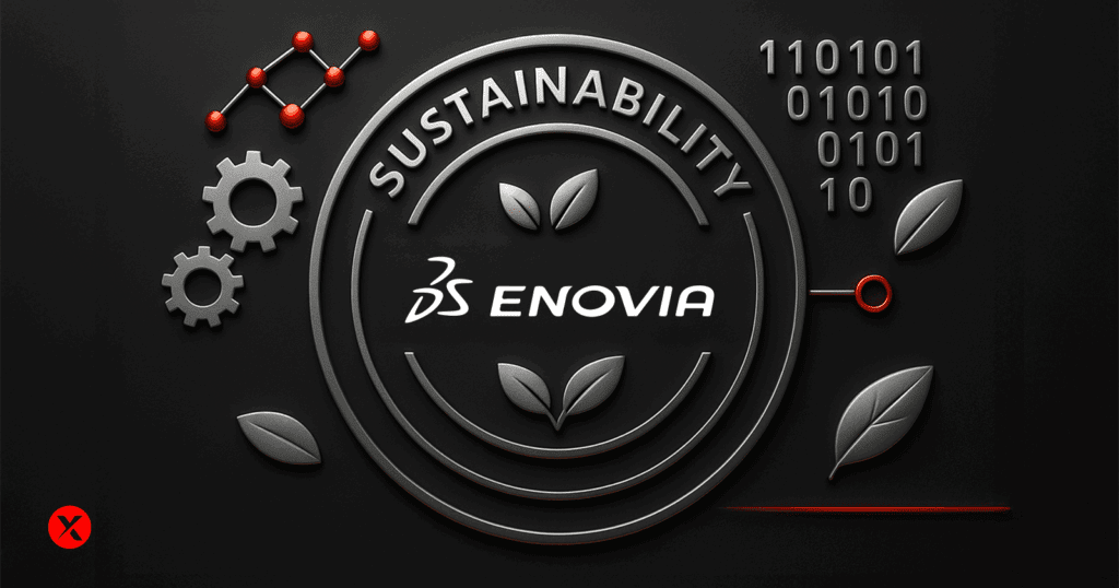 A sleek, 3D-style digital emblem showing the word “ENOVIA” inside a circular ring labeled “Sustainability,” surrounded by metallic gears, leaves, binary code, and red digital nodes, on a dark background with black, gray, and red tones