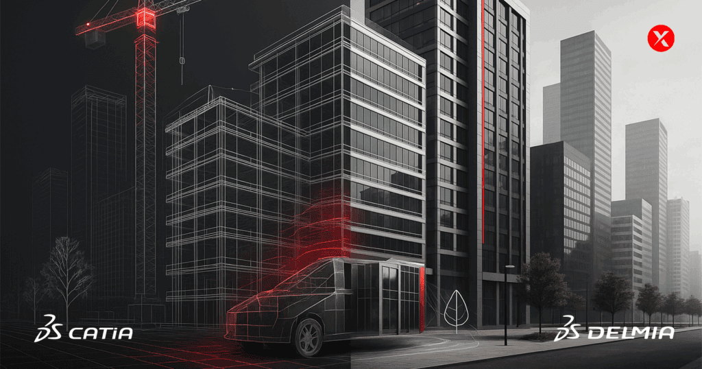 A horizontal 3D render split into two halves: on the left, a wireframe cityscape under construction with a glowing red crane and vehicle outlines; on the right, the same scene rendered as completed modern buildings with glass facades, red accents, and trees along the street.