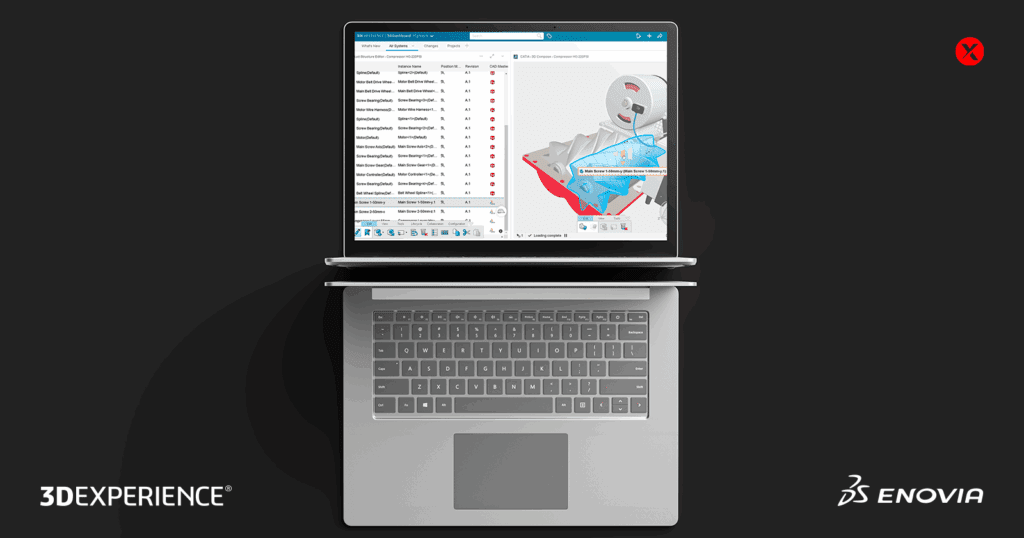 Laptop displaying ENOVIA on 3DEXPERIENCE with bill of materials management and 3D assembly visualization – Dassault Systèmes solution for product lifecycle management (PLM) and collaboration.