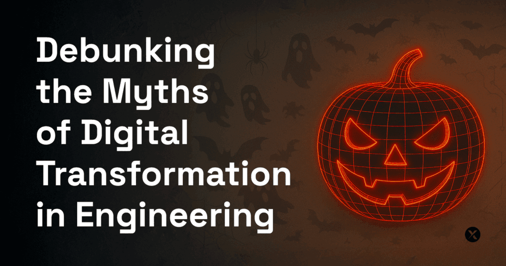 A glowing orange-red wireframe jack-o’-lantern aligned to the right, over a dark gradient background with faint Halloween motifs like ghosts, bats, spiderwebs, and circuit patterns, creating a sleek and tech-inspired look.