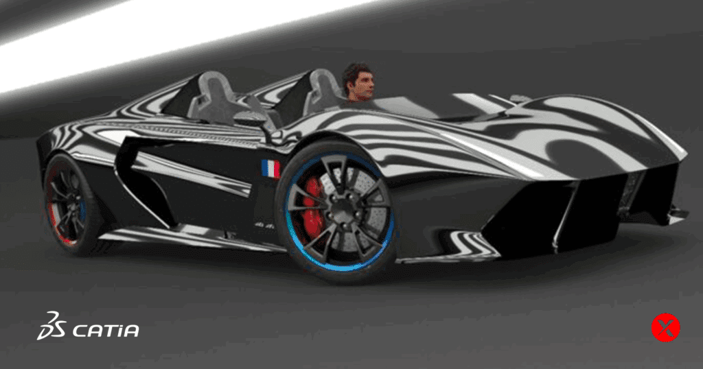 High-performance sports car designed in CATIA ICEM Design Experience showcasing reflective surface modeling and aerodynamic detailing.