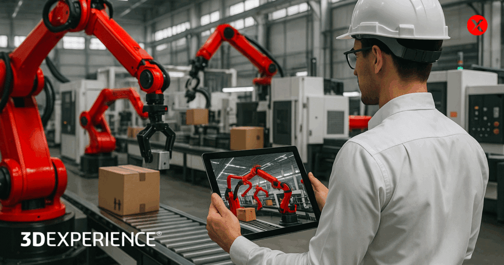 An engineer wearing a white hard hat stands on a modern factory floor surrounded by large red robotic arms and industrial machines, holding a tablet that displays a digital model of the same factory.