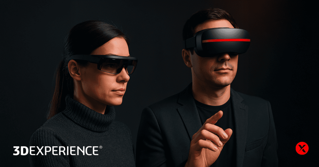A woman wearing AR glasses and a man wearing a VR headset stand against a dark background with a sleek, tech-focused look.