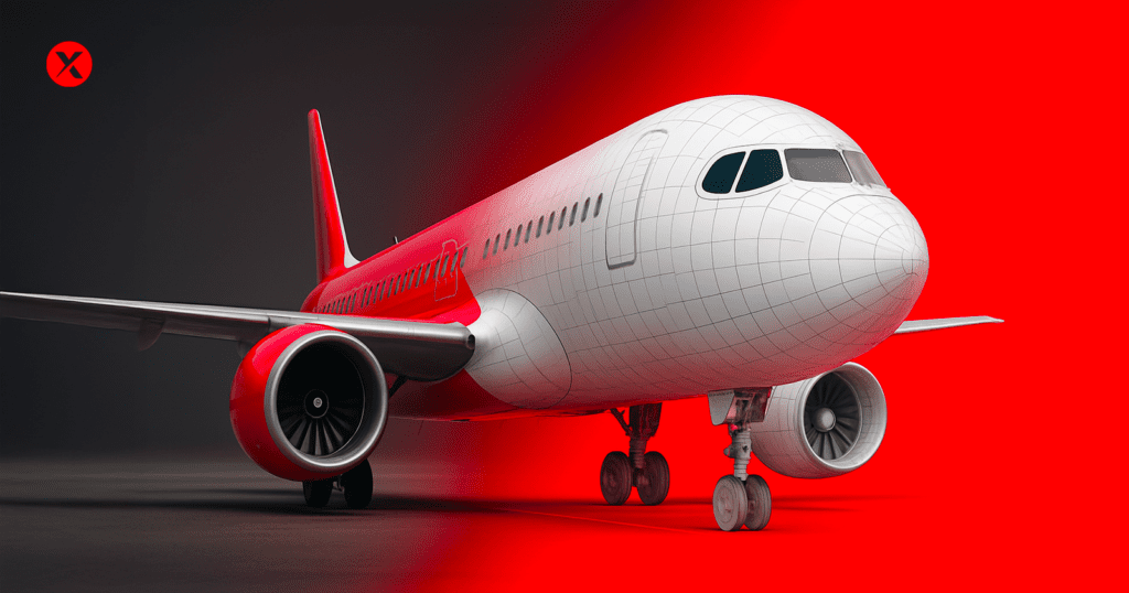 Un avion moderne vu de près passe d’une photo réaliste à un modèle 3D filaire, avec un éclairage noir, blanc et rouge pour un rendu technologique.