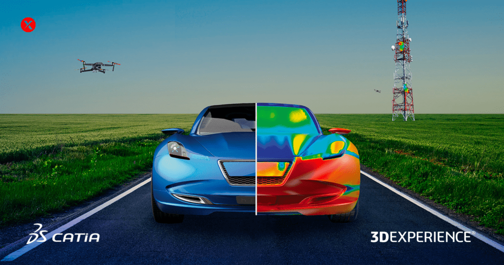 A car shown half as a realistic 3D model and half with a colorful simulation result overlay, illustrating the integration of modeling and simulation (MODSIM) in an engineering workflow.