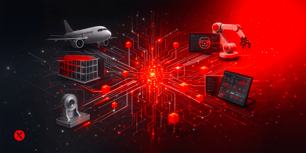 Illustration showing engineers working within a shared digital engineering platform to maintain data continuity