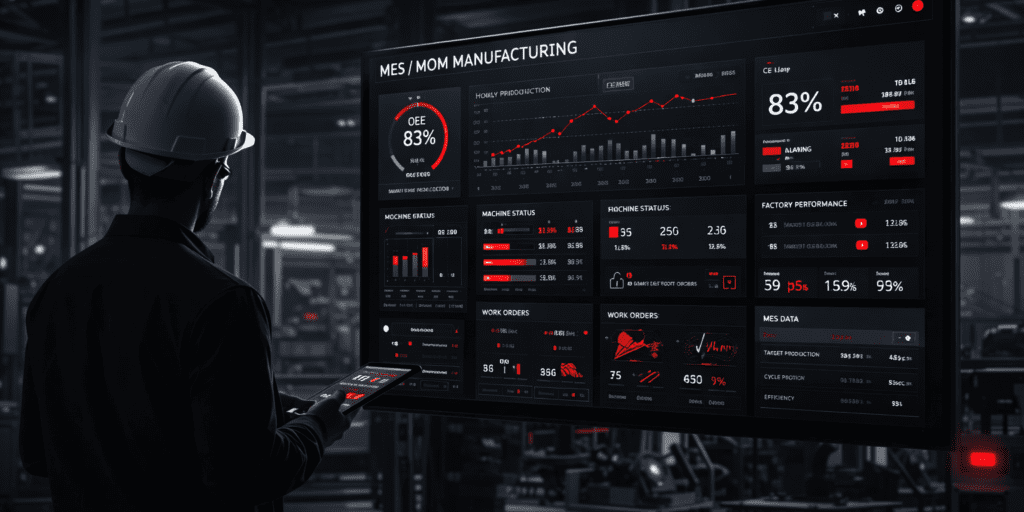Factory engineer reviewing MES/MOM production data on a digital manufacturing dashboard inside a smart factory.