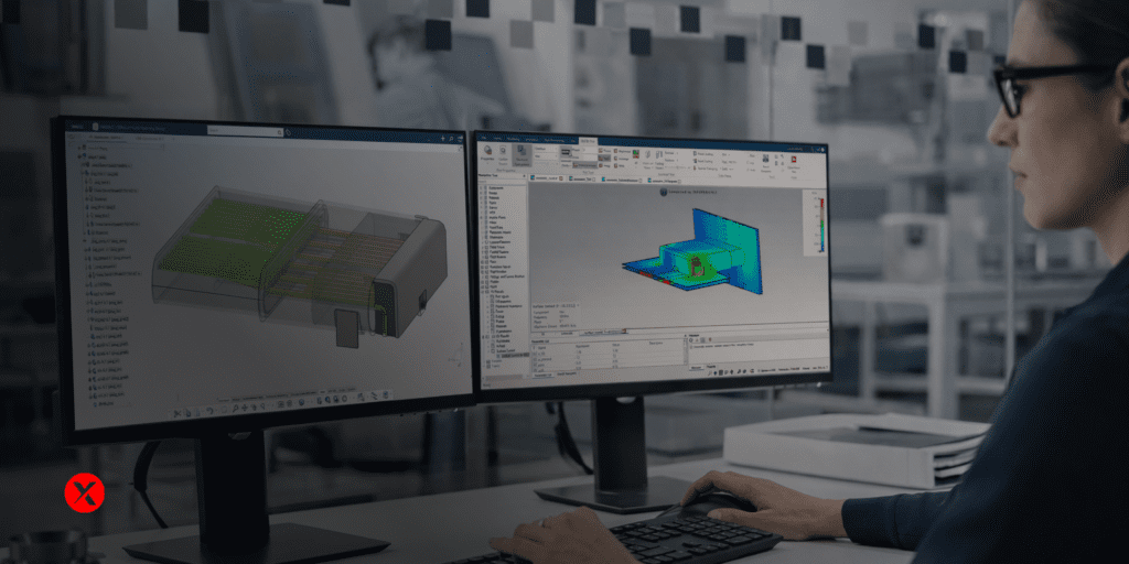 Engineer working at a dual-monitor workstation displaying 3D models and technical simulations, in a modern, clean office environment with grey tones.